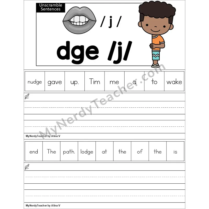 Editable dge Trigraph Unscramble Sentences Worksheet (Color)