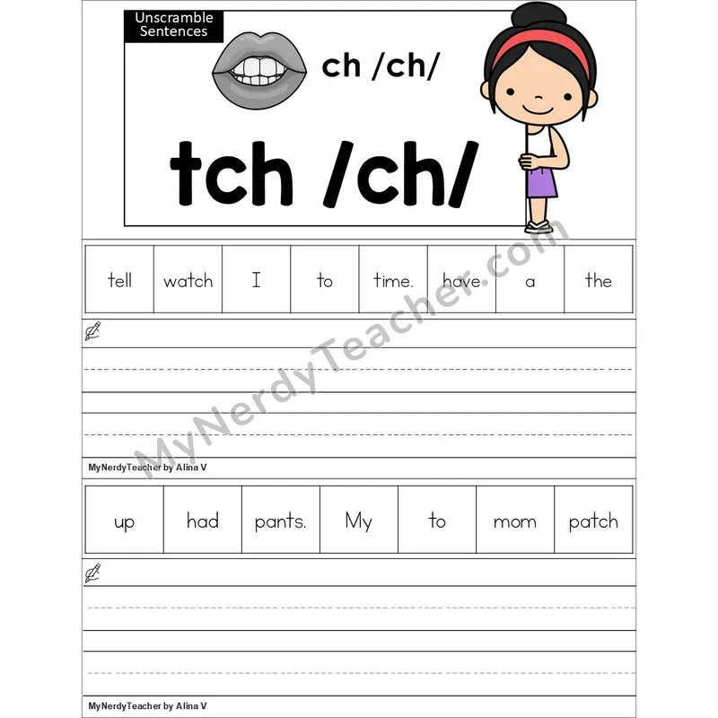 Editable tch Trigraph Unscramble Sentences Worksheet (Color)