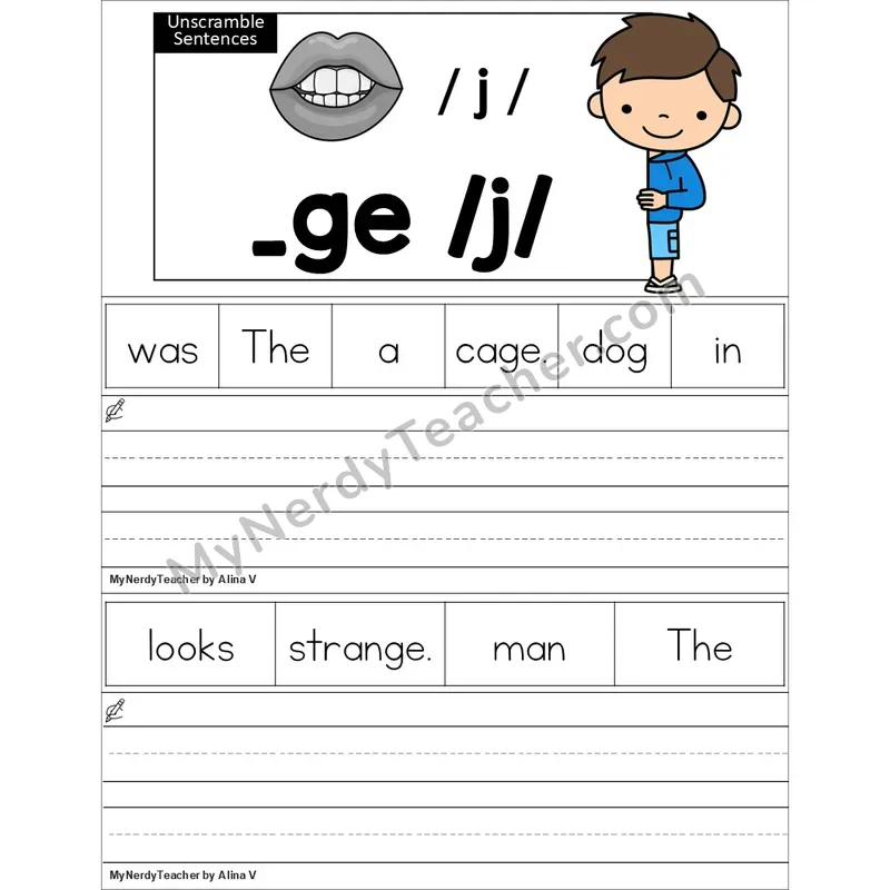 Editable Soft G (_ge) Unscramble Sentences Worksheet (Color)