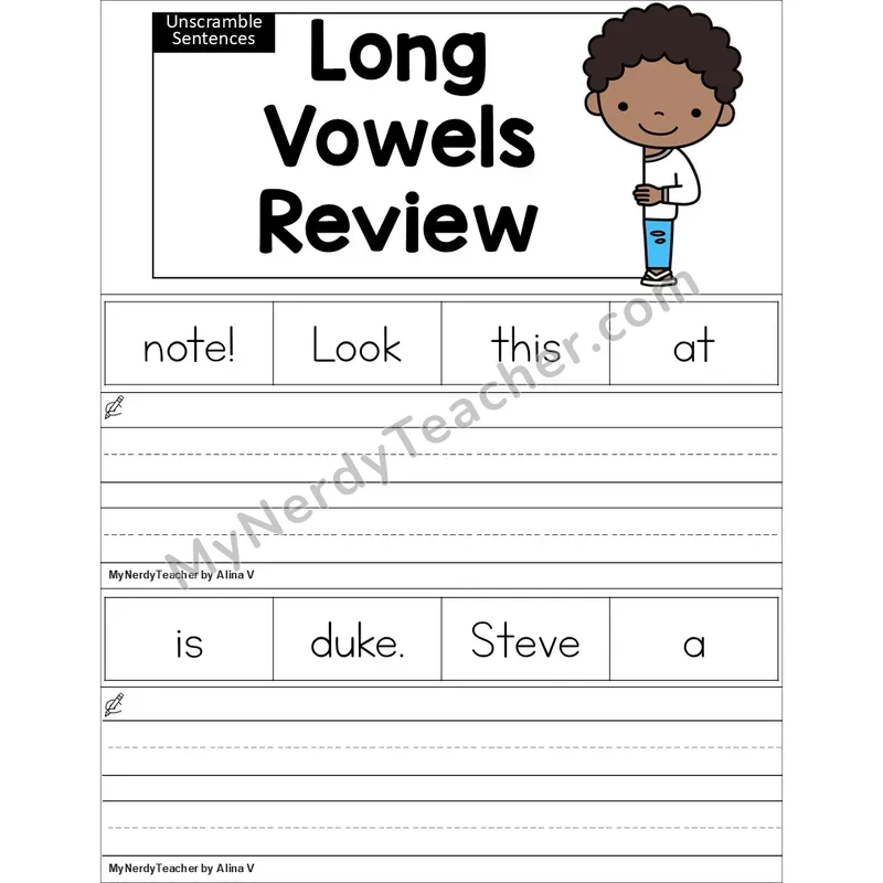 Editable Long Vowels VCe Review Unscramble Sentences Worksheet (Color)