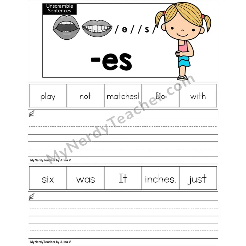 Editable Inflectional -es Unscramble Sentences Worksheet (Color)