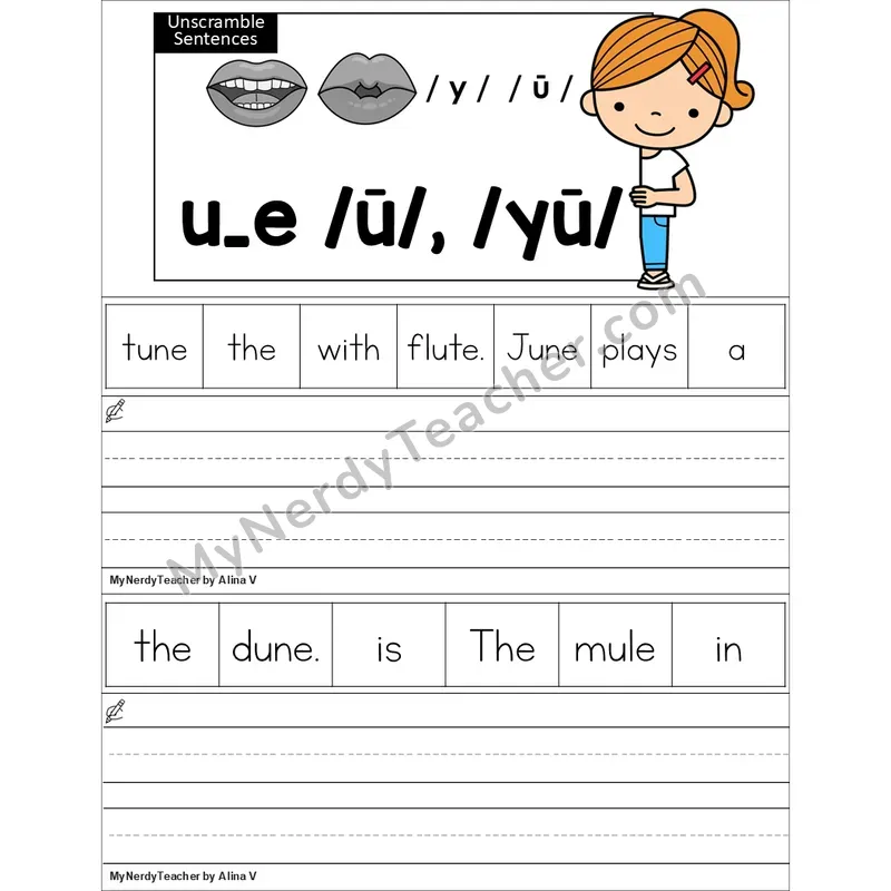 Editable u_e (Long U VCe) Unscramble Sentences Worksheet (Color)