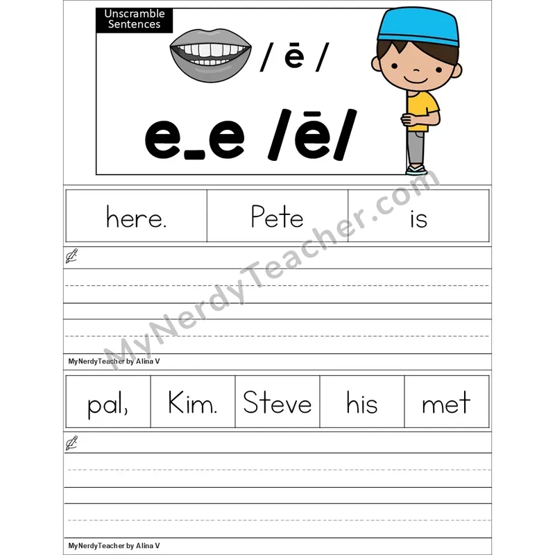 Editable e_e (Long E VCe) Unscramble Sentences Worksheet (Color)