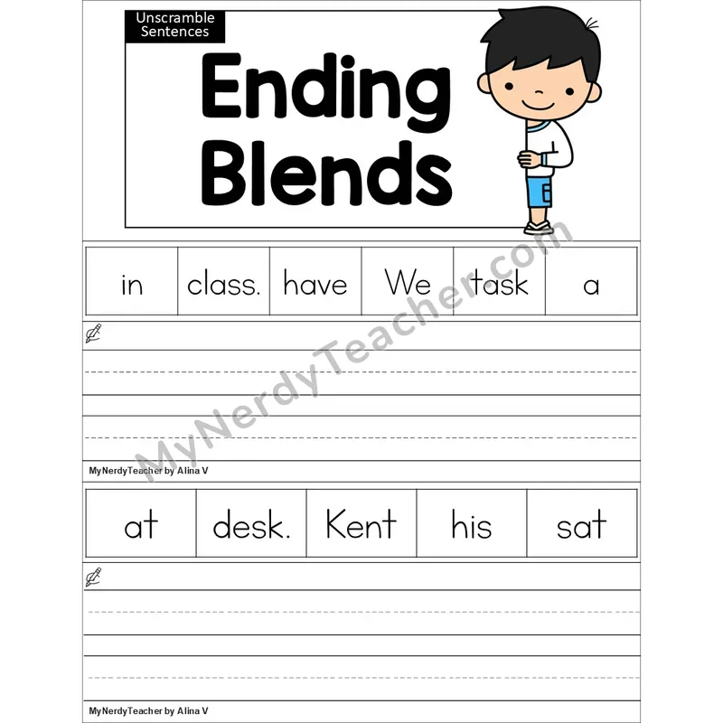 Editable Ending Blends Unscramble Sentences Worksheet (Color)