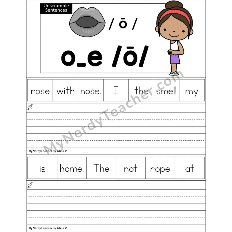 Editable o_e (Long O VCe) Unscramble Sentences Worksheet (Color)