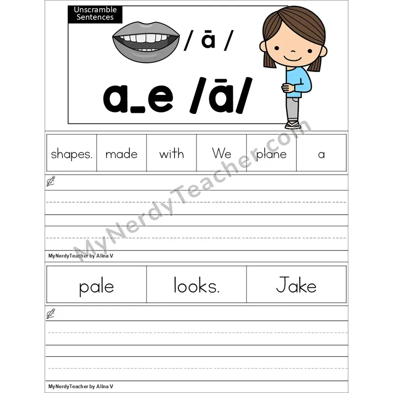Editable a_e (Long A VCe) Unscramble Sentences Worksheet (Color)