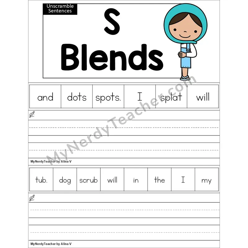 Editable S Blends Unscramble Sentences Worksheet (Color)