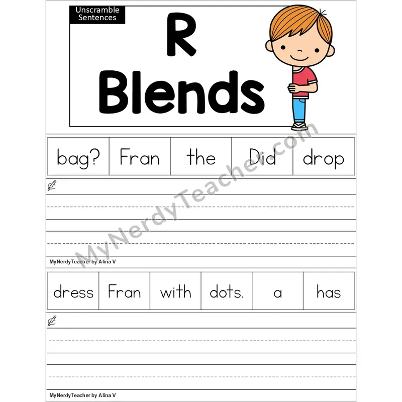 Editable R Blends Unscramble Sentences Worksheet (Color)