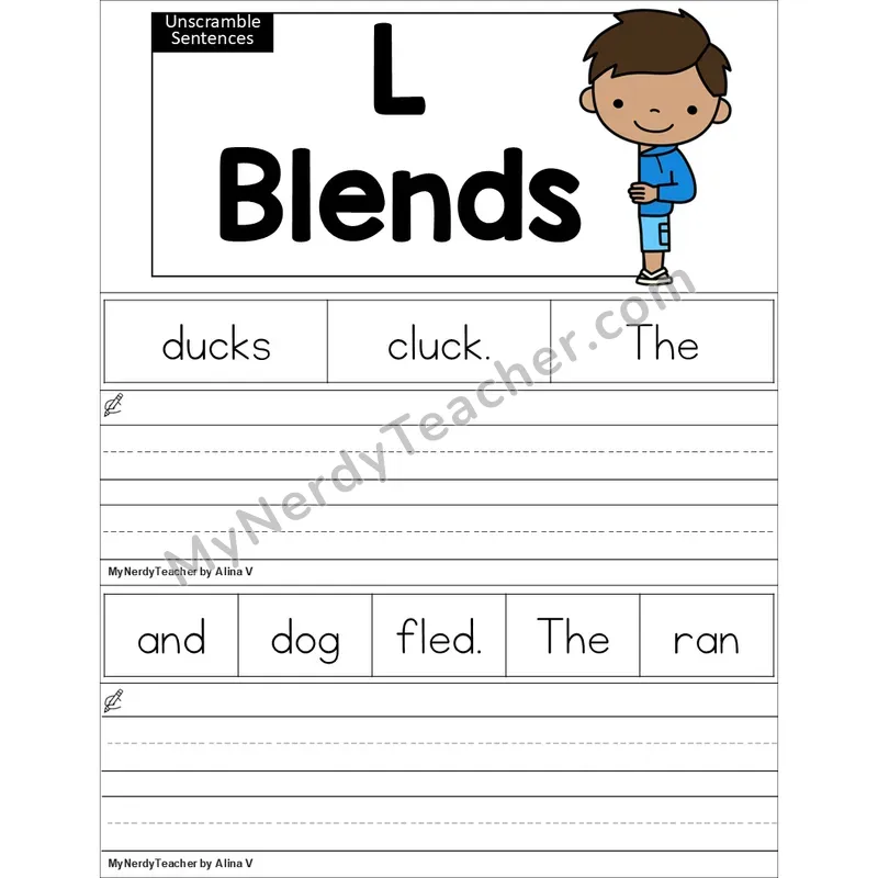 Editable L Blends Unscramble Sentences Worksheet (Color)