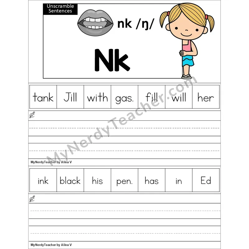 Editable nk Glued Sound Unscramble Sentences Worksheet (Color)