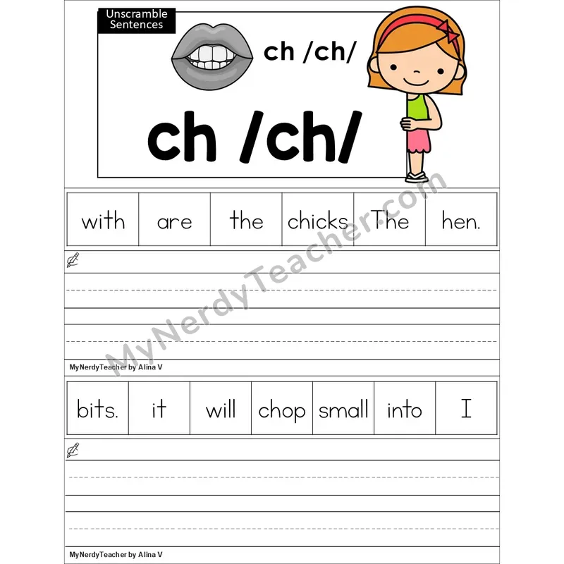 Editable ch Digraph Unscramble Sentences Worksheet (Color)