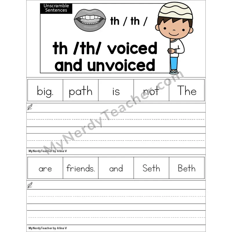 Editable Voiced and Unvoiced th Unscramble Sentences Worksheet (Color)