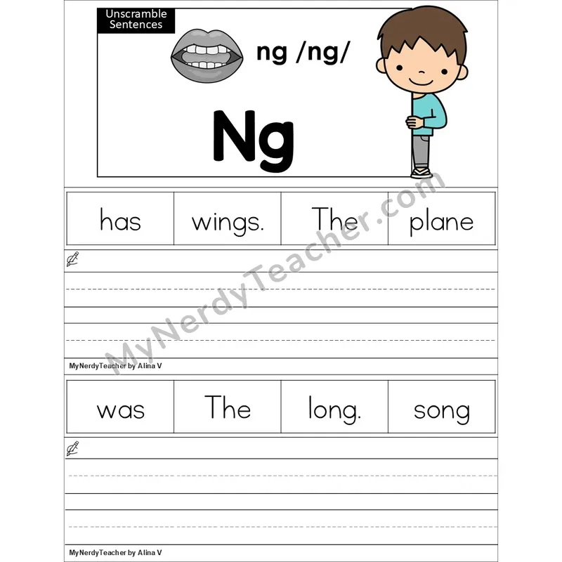 Editable ng Glued Sound Unscramble Sentences Worksheet (Color)