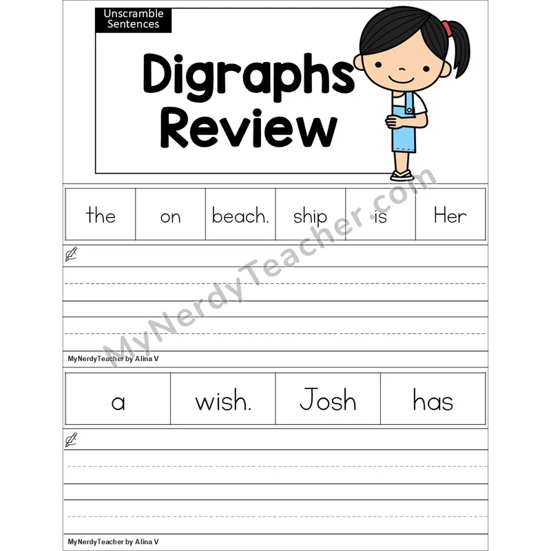 Editable Digraphs Review Unscramble Sentences Worksheet (Color)