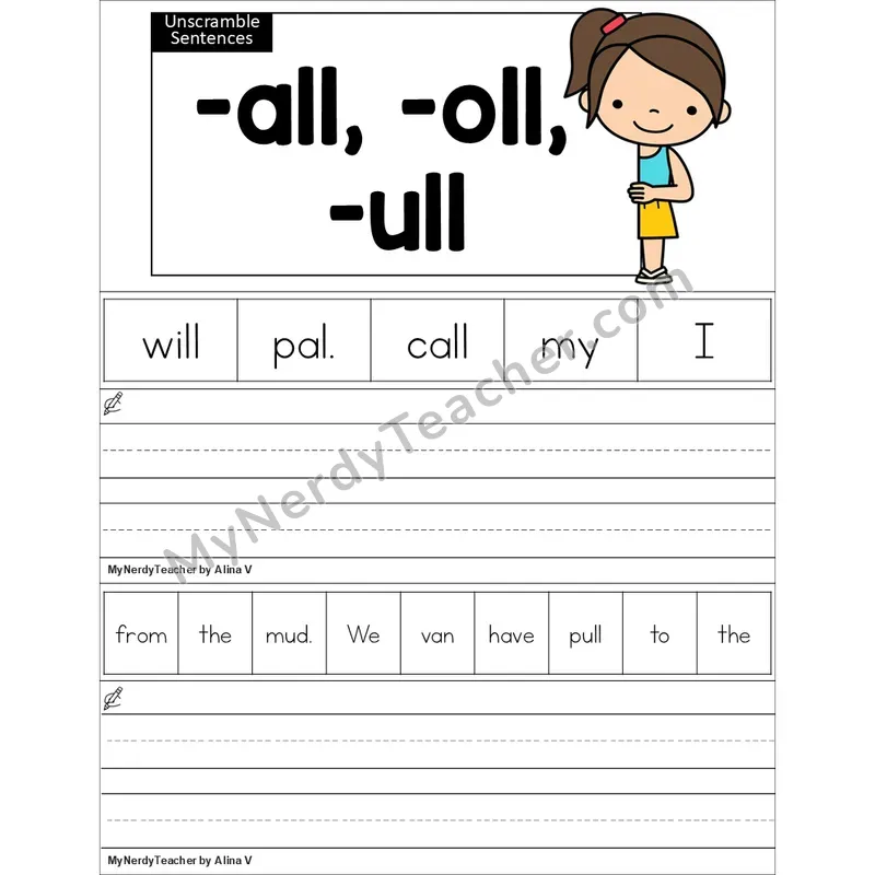Editable Glued Sounds -all, -oll, -ull Unscramble Sentences Worksheet (Color)
