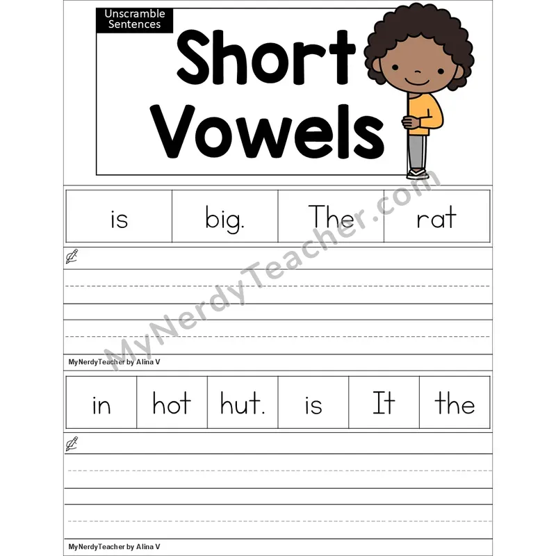 Editable Mixed Short Vowels Unscramble Sentences Worksheet (Color)