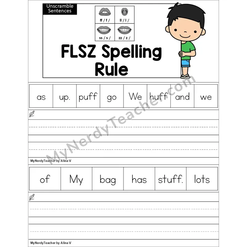Editable Floss Rule (ff, ll, ss, zz) Unscramble Sentences Worksheet (Color)