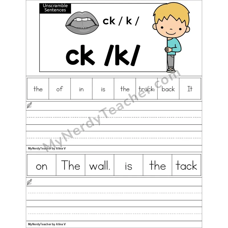 Editable ck Digraph Unscramble Sentences Worksheet (Color)