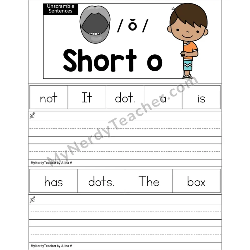 Editable Short O Unscramble Sentences Worksheet (Color)
