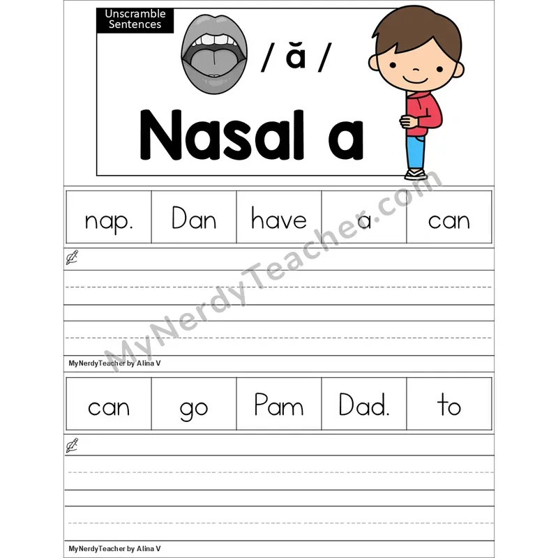 Editable Nasalized A (am, an) Unscramble Sentences Worksheet (Color)