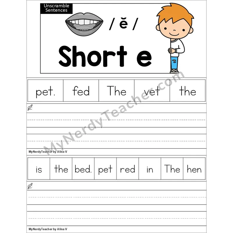 Editable Short E Unscramble Sentences Worksheet (Color)