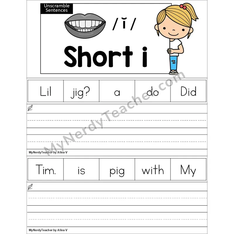 Editable Short I Unscramble Sentences Worksheet (Color)