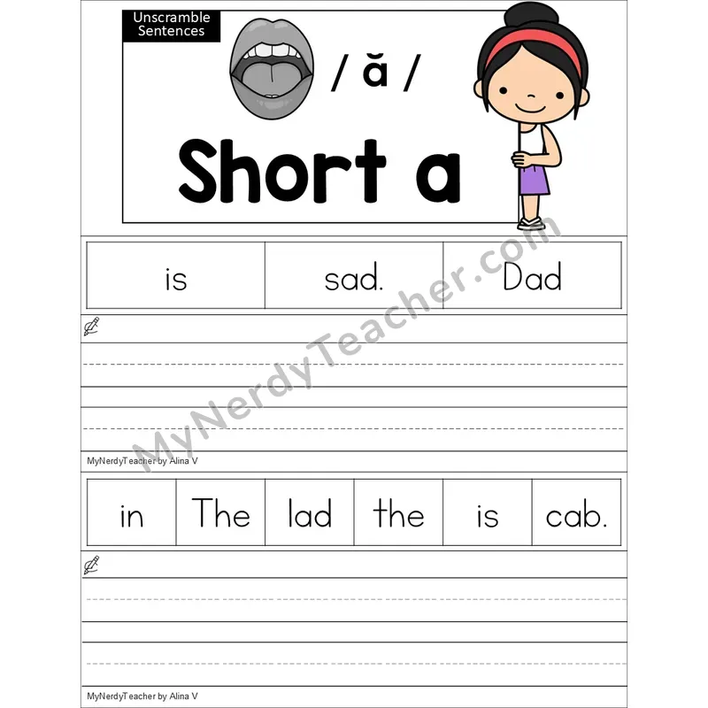 Editable Short A Unscramble Sentences Worksheet (Color)