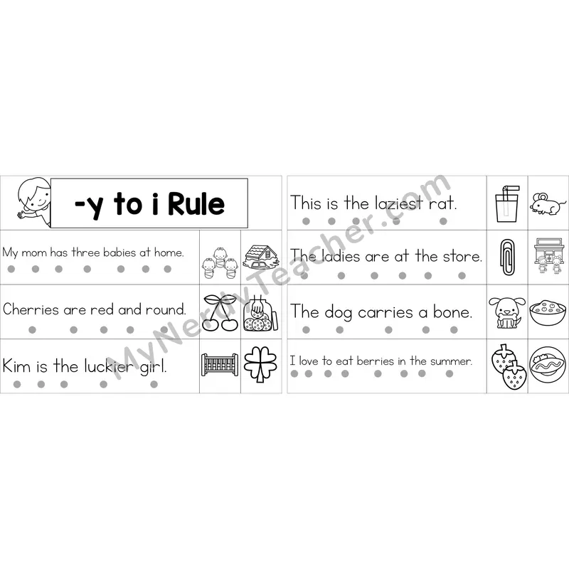 Editable Suffix Spelling: -y to i Rule Decodable Sentence Strips (Black and White)
