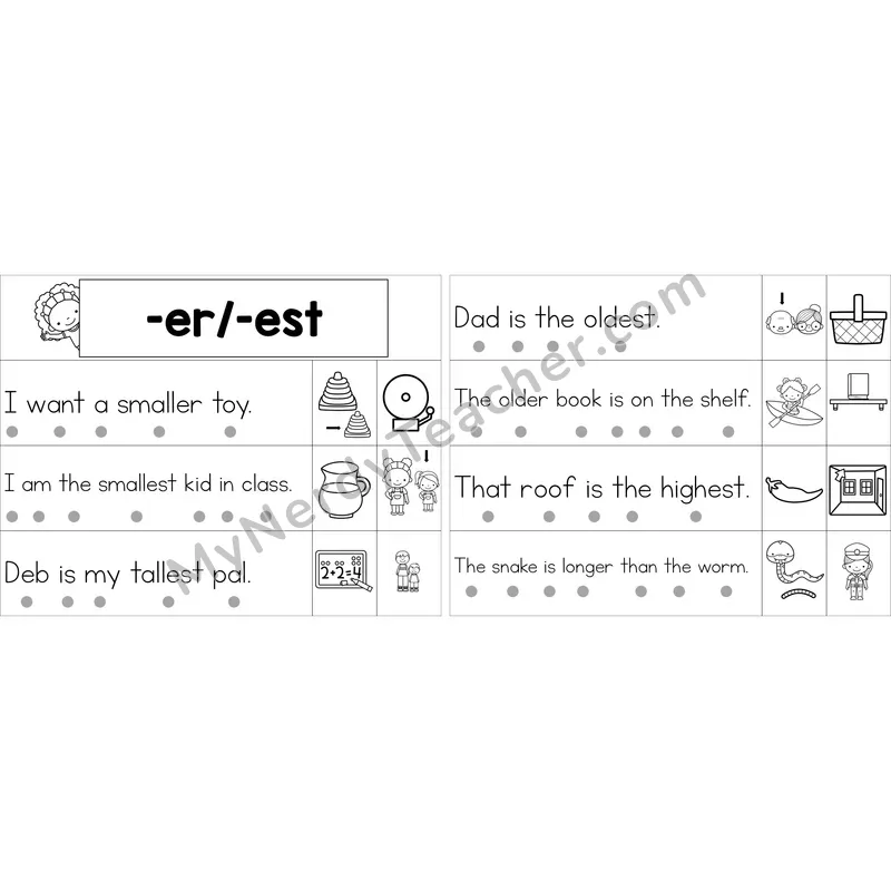 Editable Suffixes -er, -est Decodable Sentence Strips (Black and White)