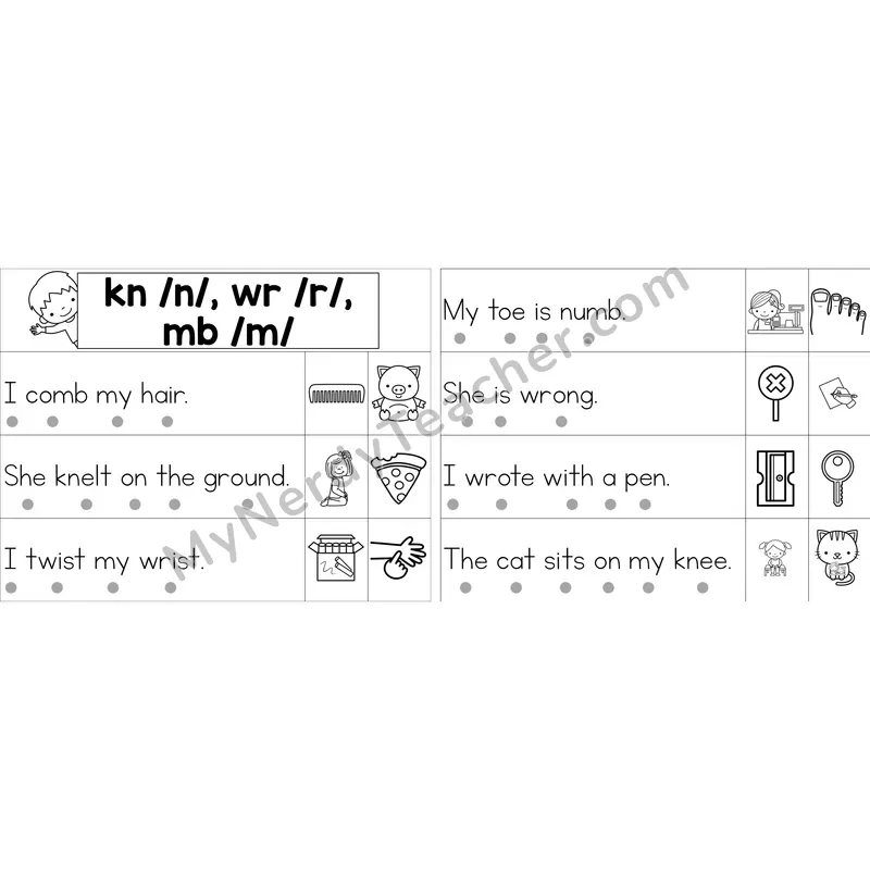 Editable Silent Letters kn, wr, mb Decodable Sentence Strips (Black and White)