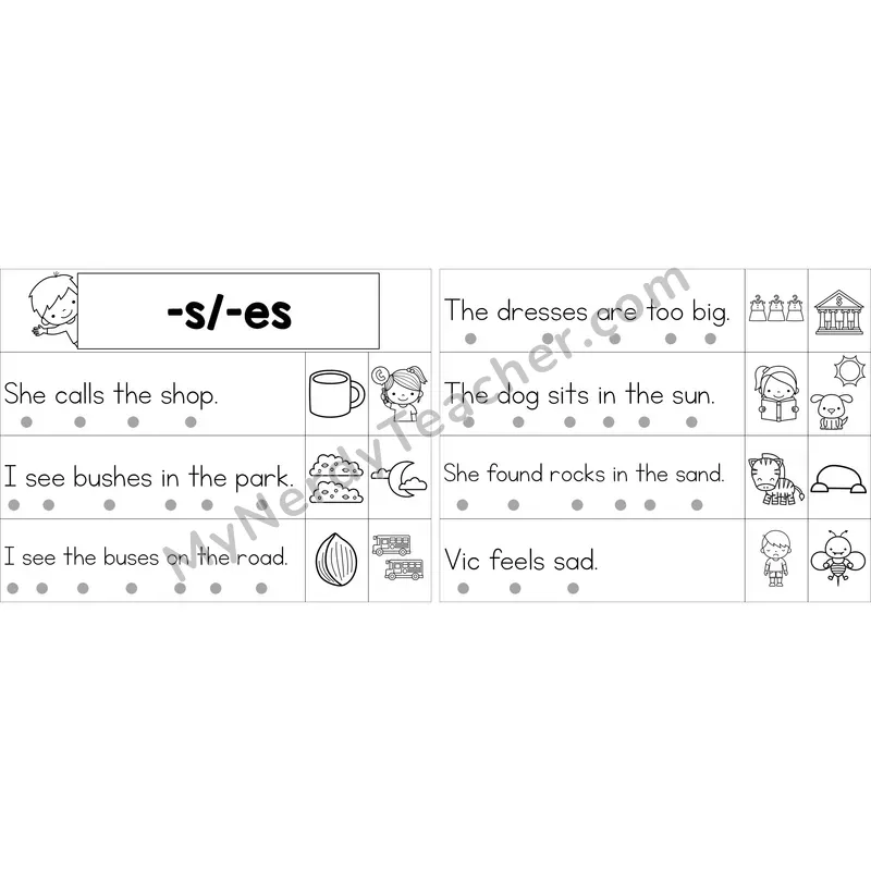 Editable Suffixes -s, -es Decodable Sentence Strips (Black and White)