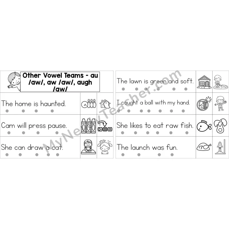 Editable au, aw, augh Vowel Team Decodable Sentence Strips (Black and White)