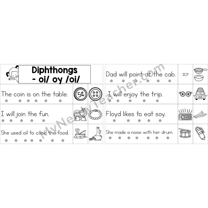 Editable oi, oy Diphthong Decodable Sentence Strips (Black and White)