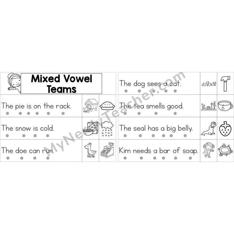 Editable Mixed Vowel Teams Decodable Sentence Strips (Black and White)