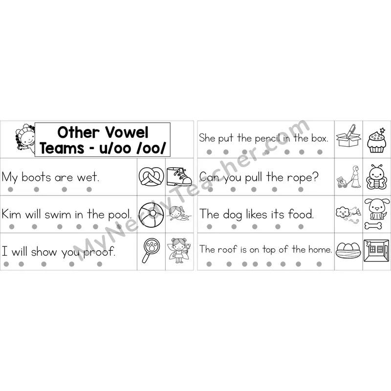 Editable oo (long oo sound) Decodable Sentence Strips (Black and White)