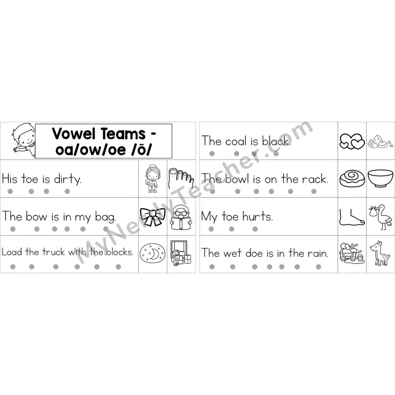 Editable oa, ow, oe Vowel Team Decodable Sentence Strips (Black and White)