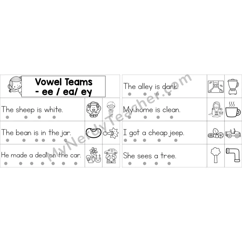 Editable ee, ea, ey Vowel Team Decodable Sentence Strips (Black and White)