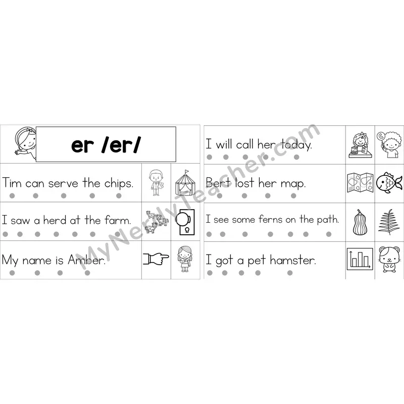 Editable er (R-Controlled) Decodable Sentence Strips (Black and White)