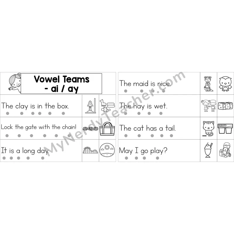 Editable ai, ay Vowel Team Decodable Sentence Strips (Black and White)
