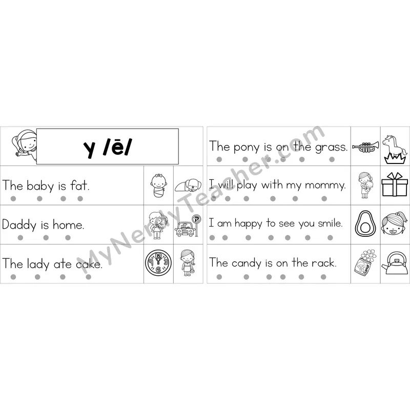 Editable y as Long E Decodable Sentence Strips (Black and White)
