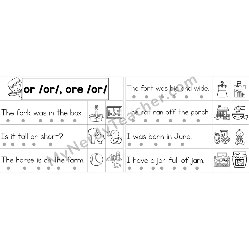 Editable or, ore (R-Controlled) Decodable Sentence Strips (Black and White)