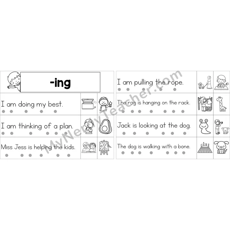 Editable Inflectional -ing Decodable Sentence Strips (Black and White)