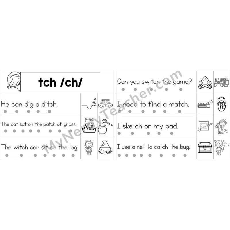 Editable tch Trigraph Decodable Sentence Strips (Black and White)