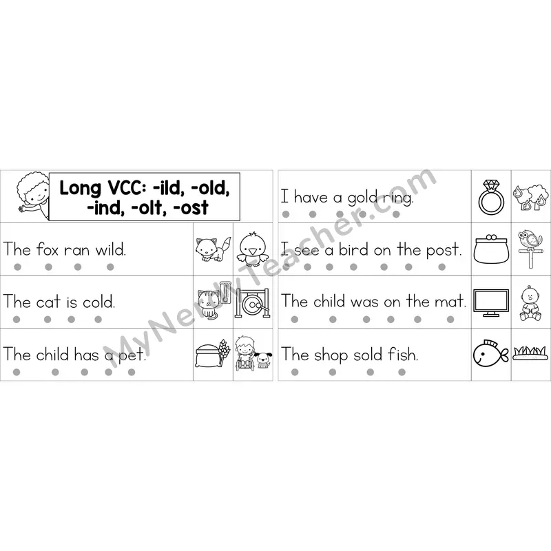 Editable Long VCC (-ild, -old, -ind, -olt, -ost) Decodable Sentence Strips (Black and White)