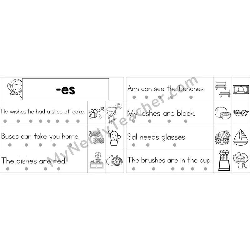 Editable Inflectional -es Decodable Sentence Strips (Black and White)
