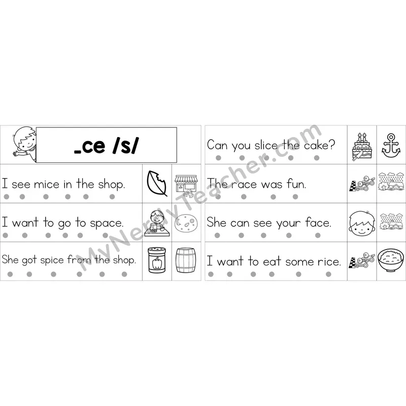 Editable Soft C (_ce) Decodable Sentence Strips (Black and White)
