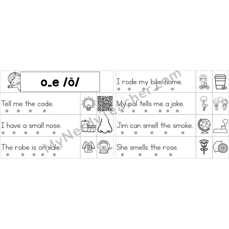 Editable o_e (Long O VCe) Decodable Sentence Strips (Black and White)