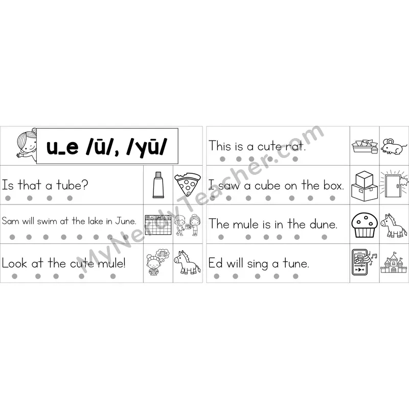 Editable u_e (Long U VCe) Decodable Sentence Strips (Black and White)