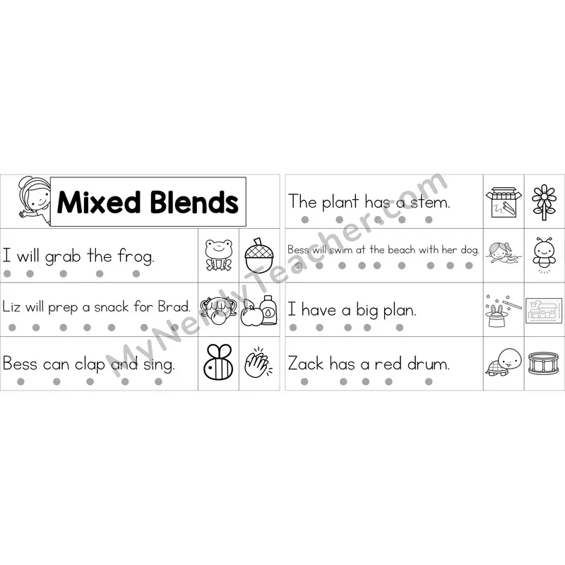 Editable Mixed Consonant Blends Decodable Sentence Strips (Black and White)