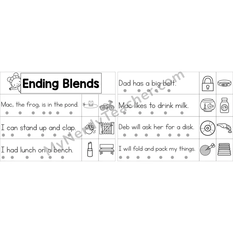 Editable Ending Blends Decodable Sentence Strips (Black and White)